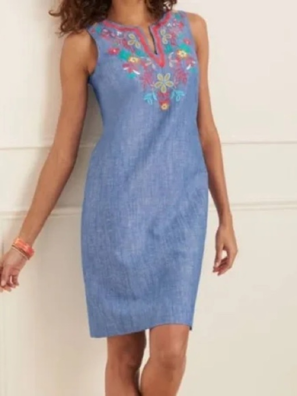 Talbots linen blend floral embroidered chambray shift dress 6 sleeveless blue